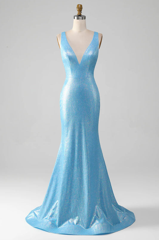 Amzcw Glitter Blue V-neck Mermaid Prom Dress