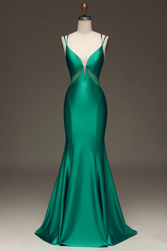 Amzcw Green Deep V-neck Satin Mermaid Prom Dress with Lace-up Back