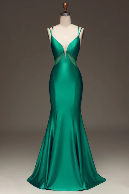 Amzcw Green Mermaid Spaghetti Straps Deep V-Neck Satin Long Prom Dress with Lace-up Back