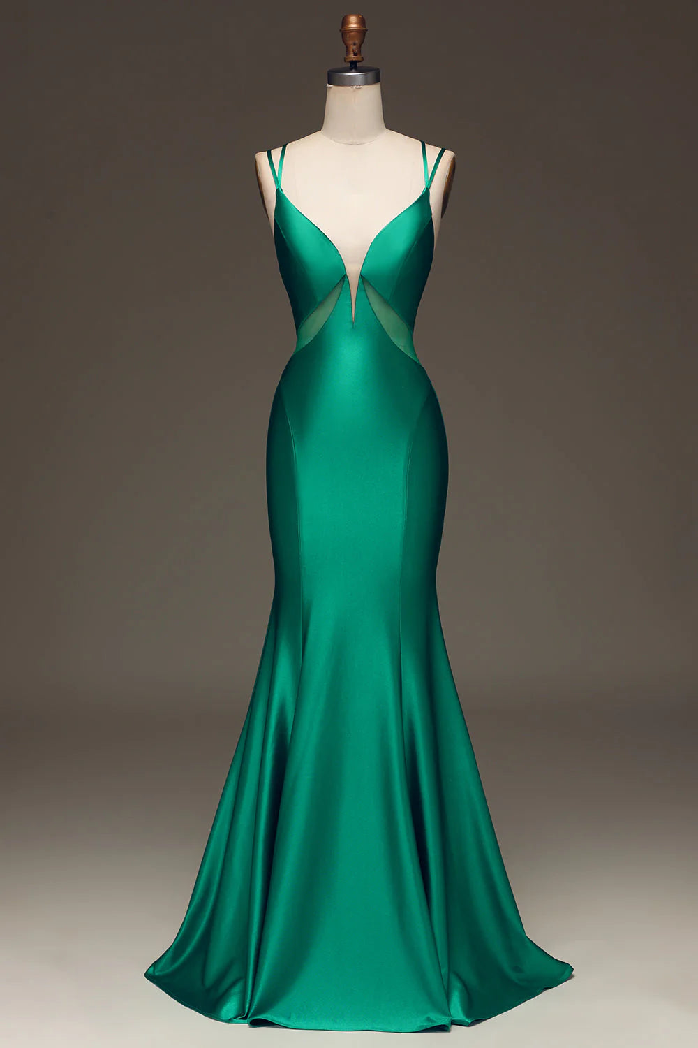 Amzcw Green Mermaid Spaghetti Straps Deep V-Neck Satin Long Prom Dress with Lace-up Back