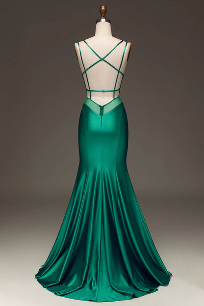 Amzcw Green Mermaid Spaghetti Straps Deep V-Neck Satin Long Prom Dress with Lace-up Back