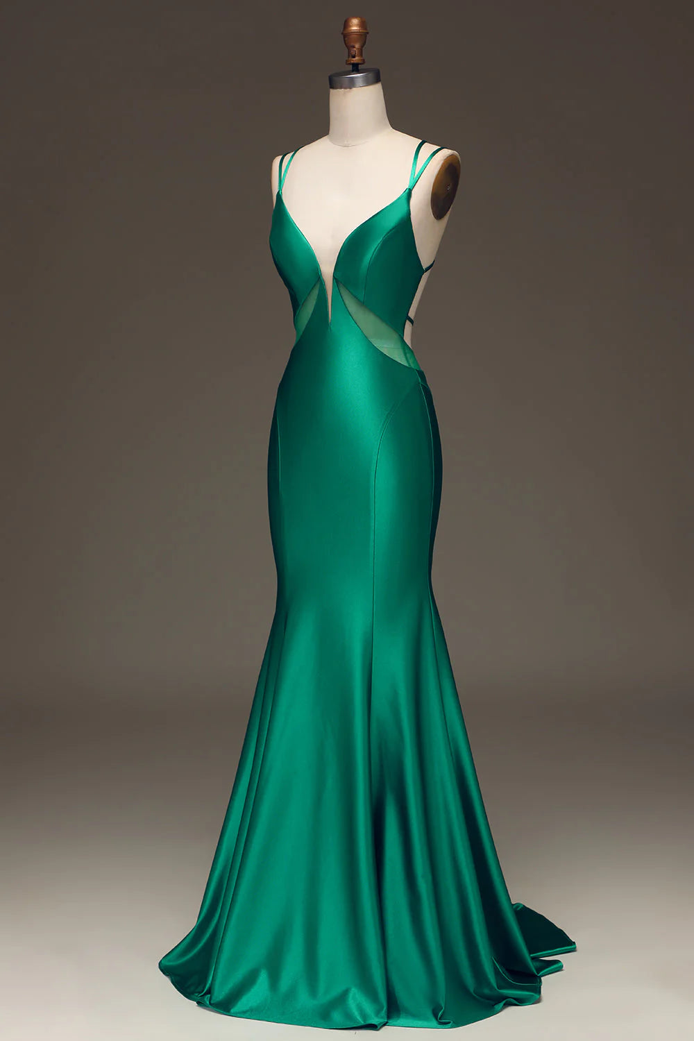 Amzcw Green Mermaid Spaghetti Straps Deep V-Neck Satin Long Prom Dress with Lace-up Back