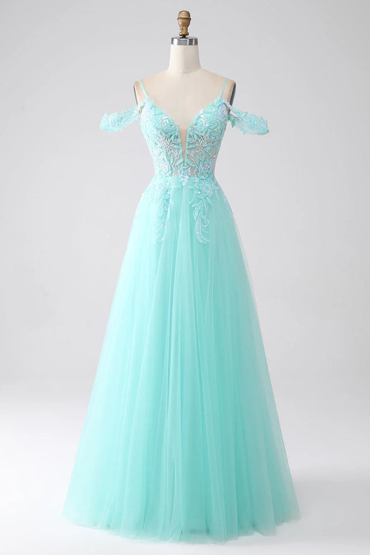 Amzcw Light Green A-Line Spaghetti Straps Cold Shoulder Sequins Prom Dress prom dresses shops