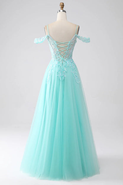 Amzcw Light Green A-Line Spaghetti Straps Cold Shoulder Sequins Prom Dress prom dresses shops