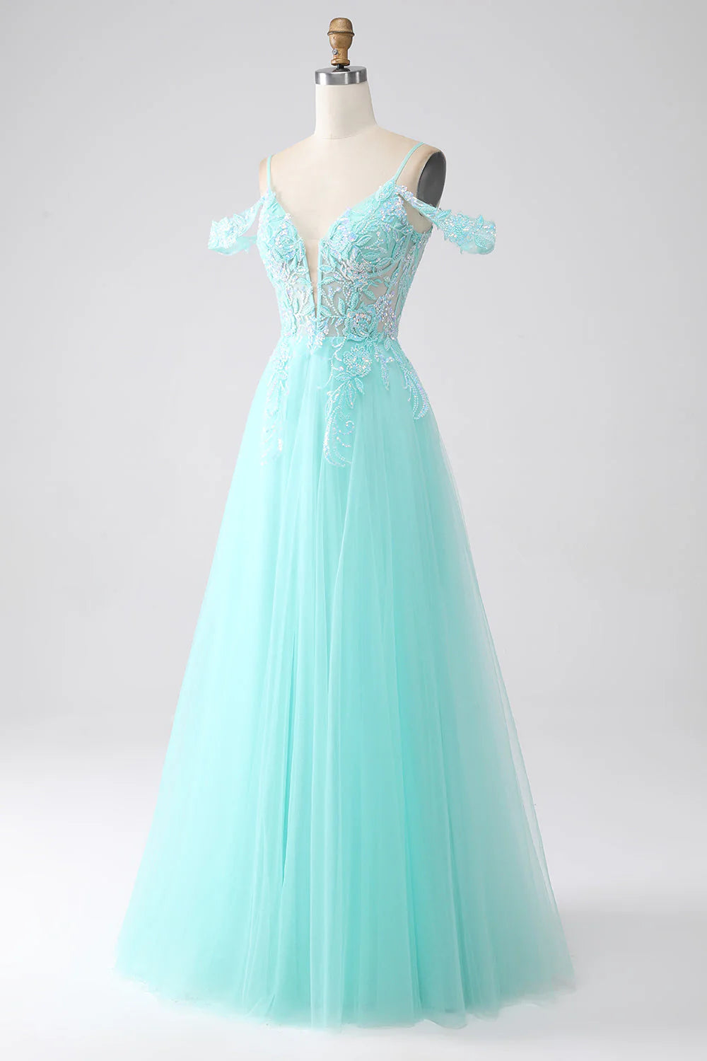 Amzcw Light Green A-Line Spaghetti Straps Cold Shoulder Sequins Prom Dress prom dresses shops