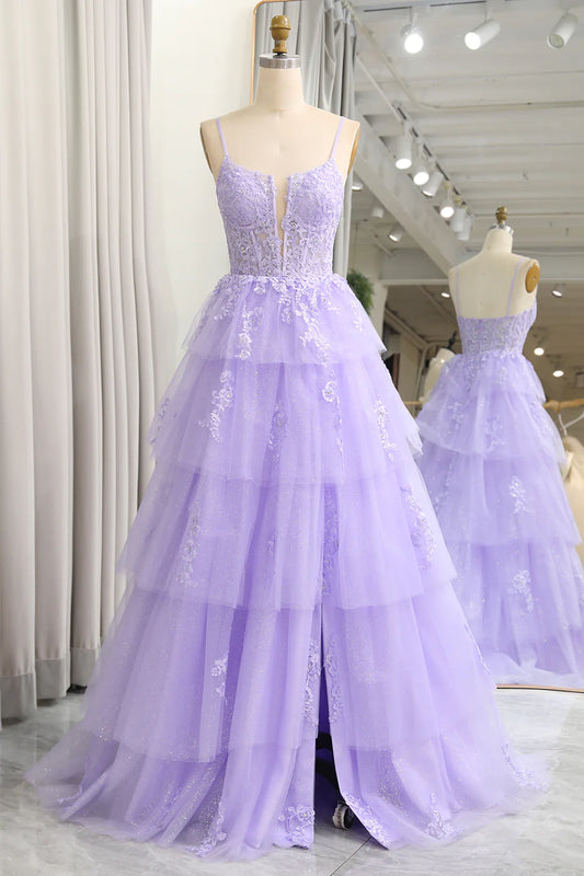 Amzcw Sparkly A Line Appliqued Tiered Long Corset Lilac Prom Dress With Slit prom dresses shops