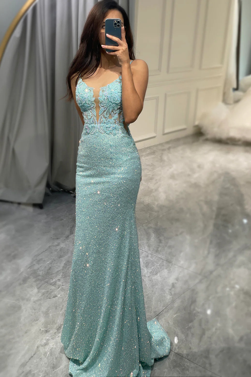 Amzcw Sparkly Light Green Mermaid Long Sequins Prom Dress With Appliques