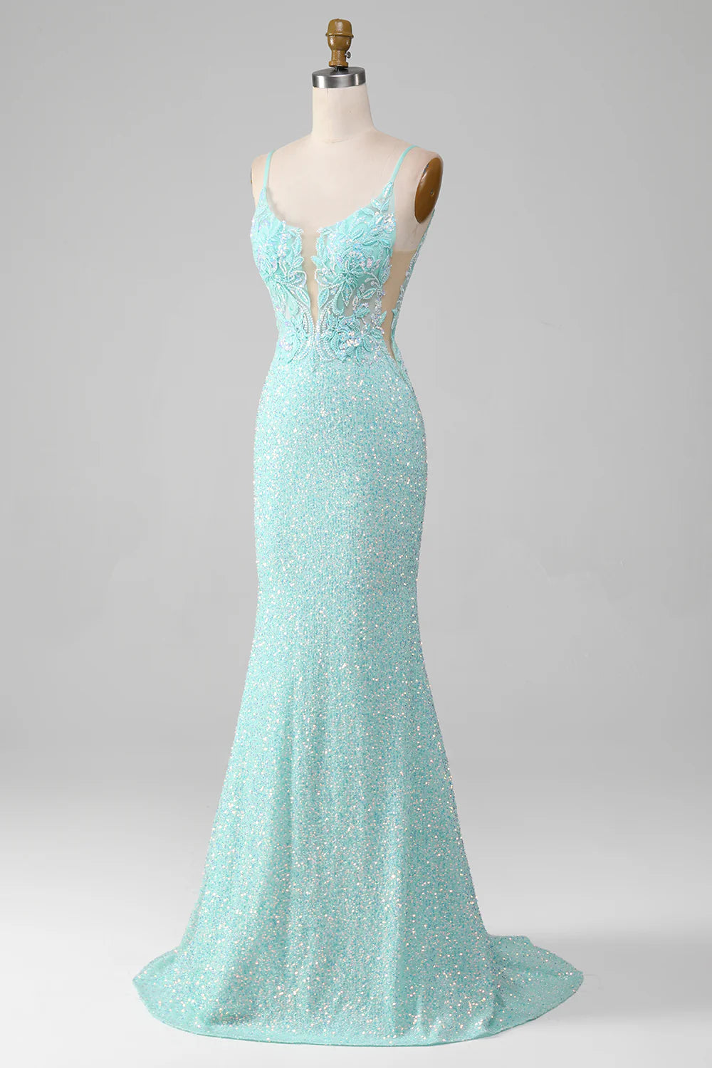 Amzcw Sequins Sparkly Light Green Mermaid Long Prom Dress with Slit