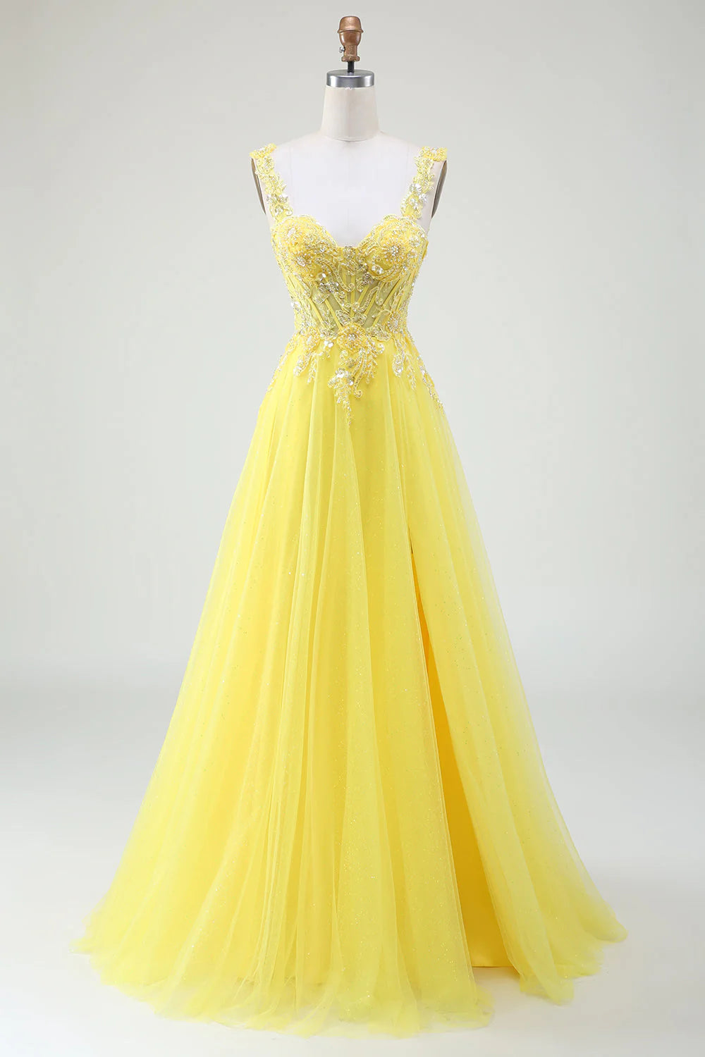 Amzcw Yellow A-Line Tulle Sparkly Beaded Corset Prom Dress with Slit