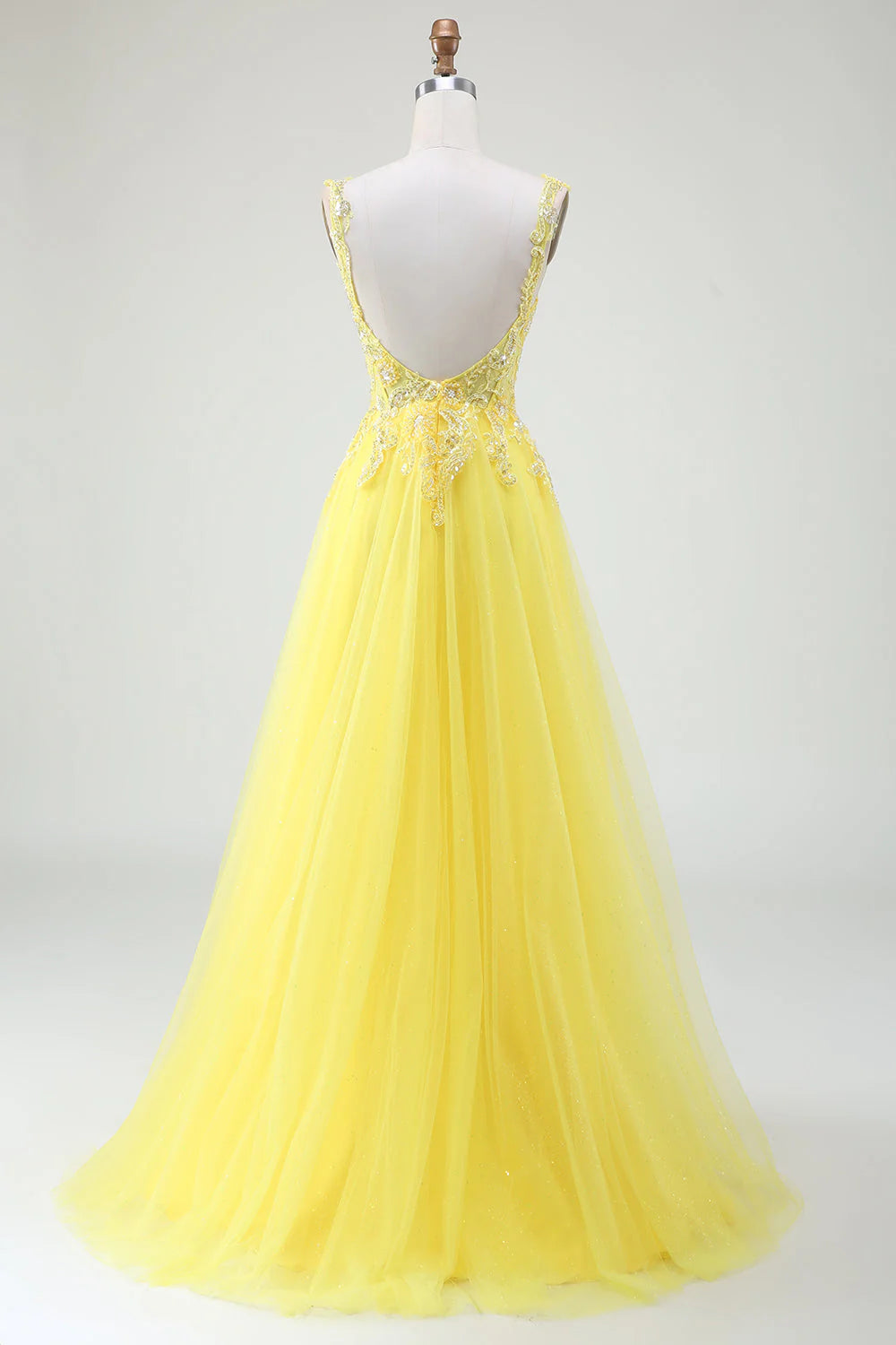 Amzcw Yellow A-Line Tulle Sparkly Beaded Corset Prom Dress with Slit