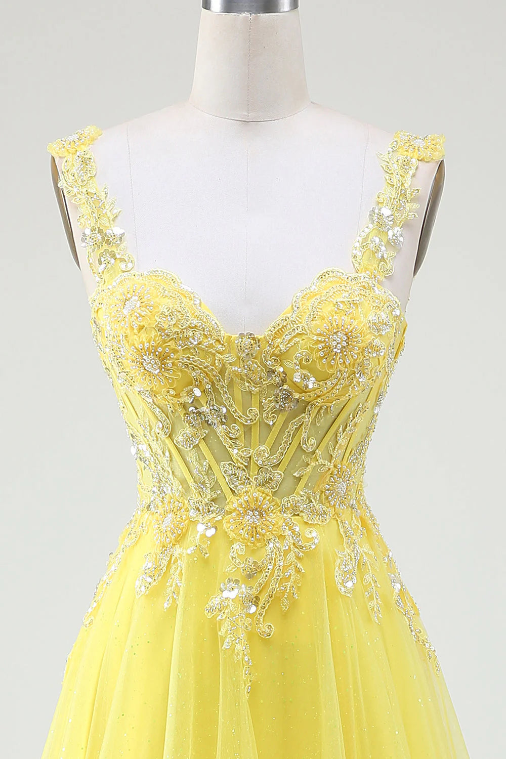 Amzcw Yellow A-Line Tulle Sparkly Beaded Corset Prom Dress with Slit