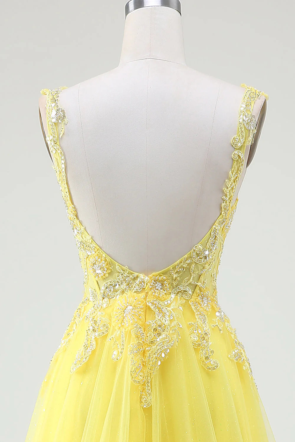 Amzcw Yellow A-Line Tulle Sparkly Beaded Corset Prom Dress with Slit