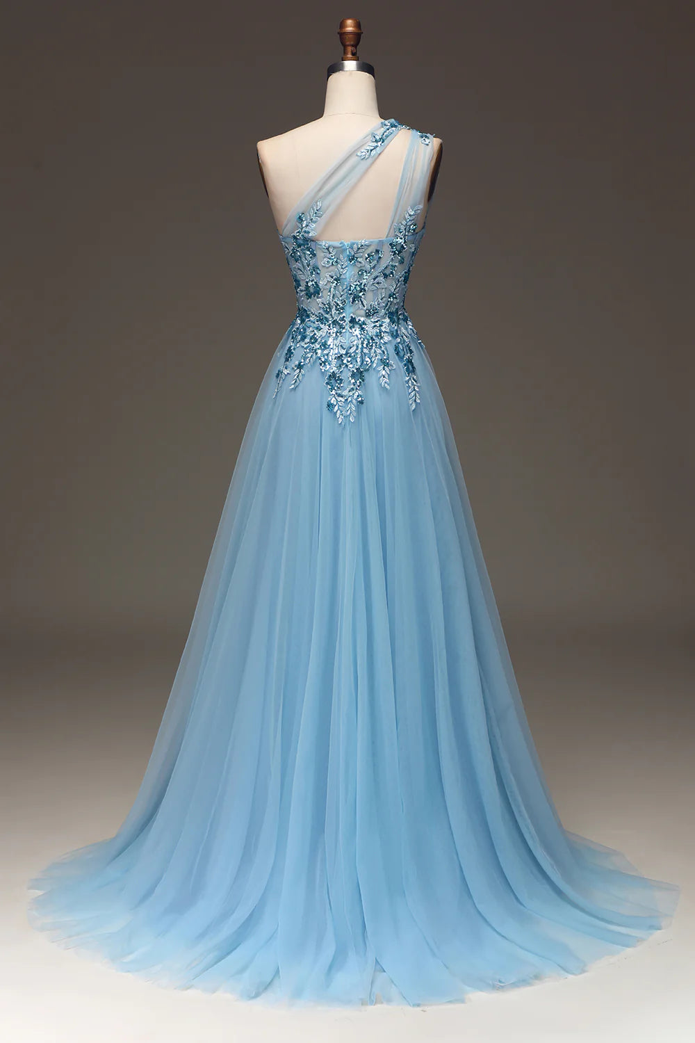 Amzcw Light Blue A-Line One Shoulder Sequin Prom Dress with Appliques