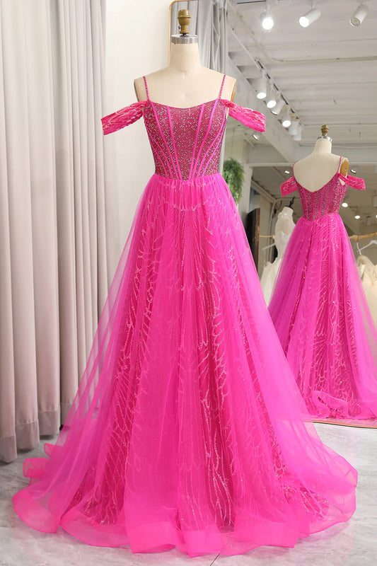 Amzcw Sparkly Fuchsia A-Line Cold Shoudler Corset Long Prom Dress with Beading prom dresses with long sleeves