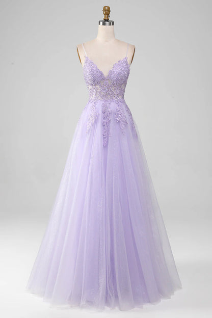 Amzcw Light Purple A-Line Spaghetti Straps Long Sparkly Prom Dress With Beading