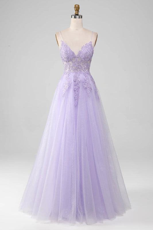 Amzcw Light Purple A-Line Spaghetti Straps Long Sparkly Prom Dress With Beading