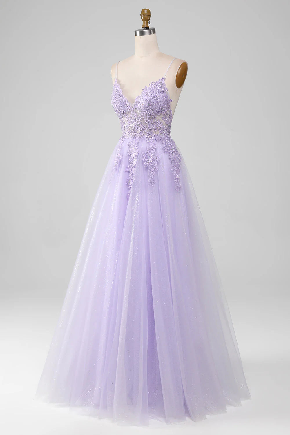 Amzcw Light Purple A-Line Spaghetti Straps Long Sparkly Prom Dress With Beading