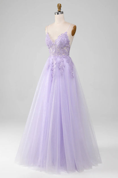 Amzcw Light Purple A-Line Spaghetti Straps Long Sparkly Prom Dress With Beading