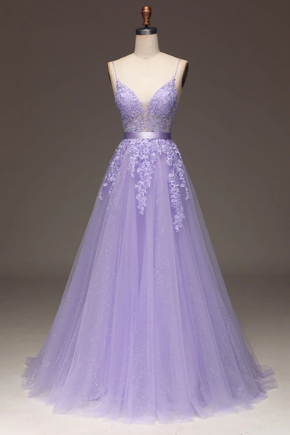 Amzcw Purple A-Line Spaghetti Straps Beaded and Tulle Prom Dress with Appliques prom dresses with long sleeves