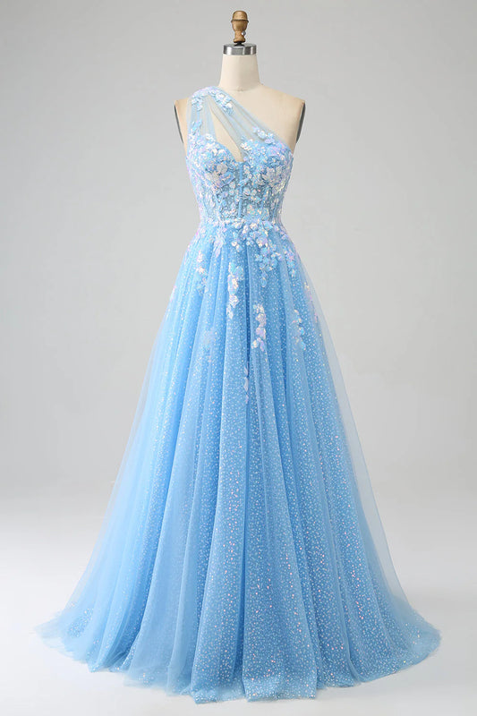 Amzcw Stunning Light Blue A Line One Shoulder Long Tulle Prom Dress with Appliques prom dresses shops