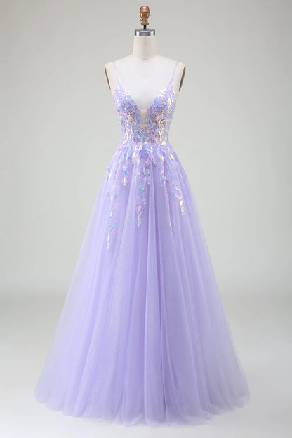 Amzcw Sparkly A-Line Purple Spaghetti Straps Long Prom Dress with Sequins prom dresses shops