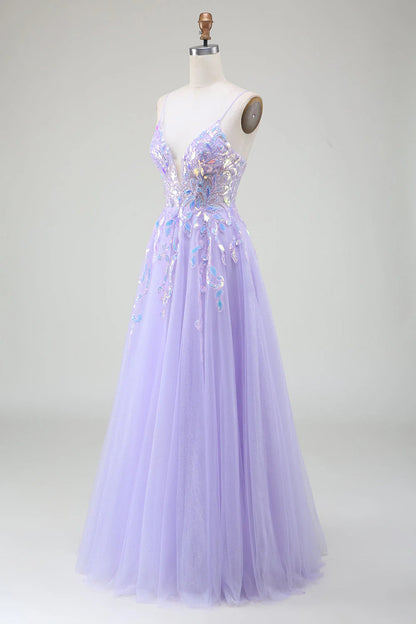 Amzcw Sparkly A-Line Purple Spaghetti Straps Long Prom Dress with Sequins prom dresses shops