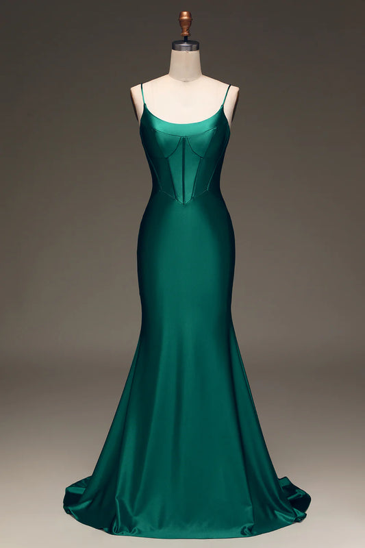 Amzcw Dark Green Mermaid Spaghetti Straps Long Prom Dress With Sleeveless prom dresses with long sleeves