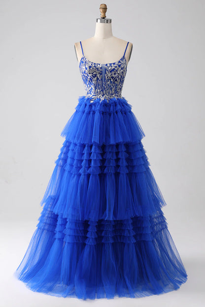 Amzcw Royal Blue Spaghetti Straps Tiered Prom Dress with Sequins prom dresses shops