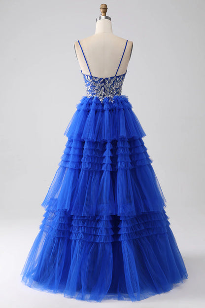 Amzcw Royal Blue Spaghetti Straps Tiered Prom Dress with Sequins prom dresses shops