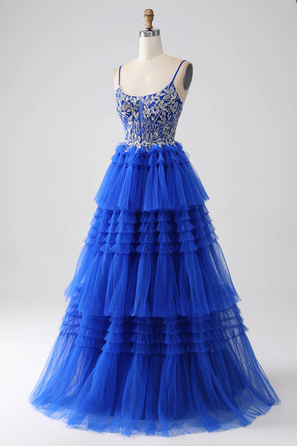 Amzcw Royal Blue Spaghetti Straps Tiered Prom Dress with Sequins prom dresses shops