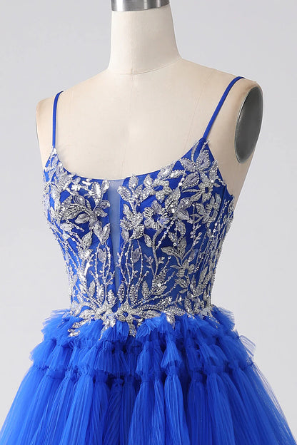 Amzcw Royal Blue Spaghetti Straps Tiered Prom Dress with Sequins prom dresses shops