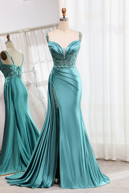 Amzcw Mermaid V-Neck Satin Long Appliques Sequin Blue Prom Dress With Slit