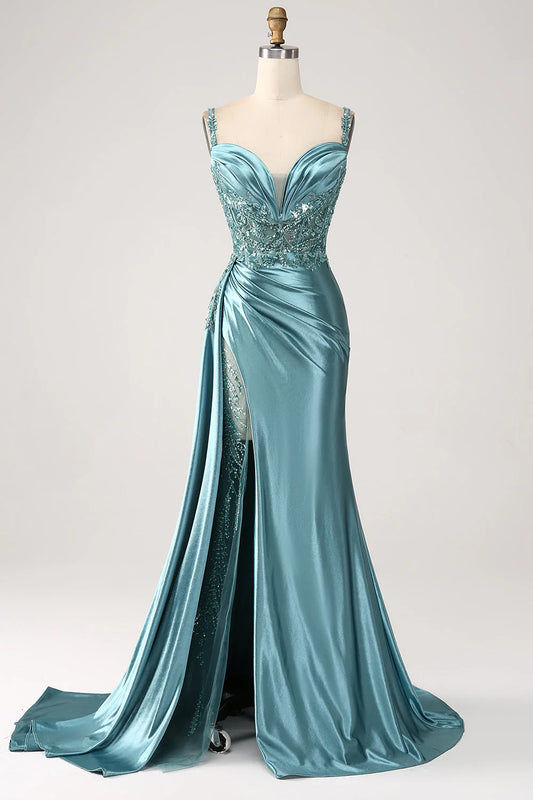 Amzcw Blue Mermaid V-Neck Satin Long Appliques Sequin Prom Dress With Slit prom dresses stores