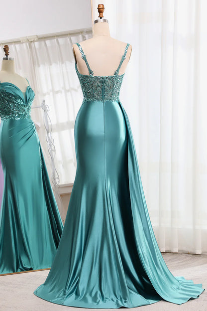 Amzcw Mermaid V-Neck Satin Long Appliques Sequin Blue Prom Dress With Slit