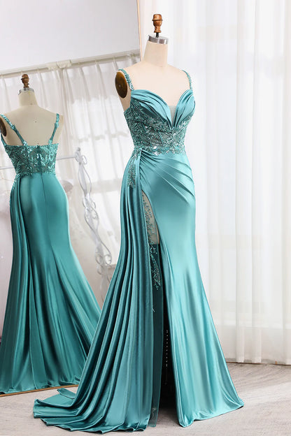 Amzcw Mermaid V-Neck Satin Long Appliques Sequin Blue Prom Dress With Slit