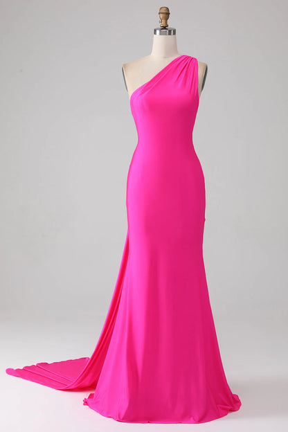 Amzcw Hot Pink Mermaid One Shoulder Long Prom Dress With Pleated prom dresses shops