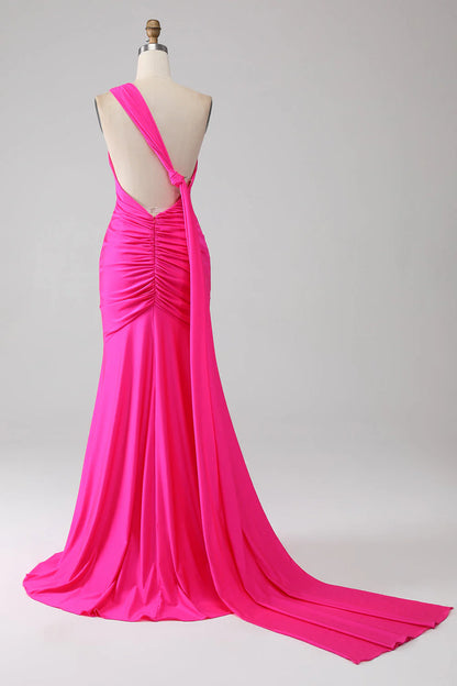 Amzcw Hot Pink Mermaid One Shoulder Long Prom Dress With Pleated prom dresses shops