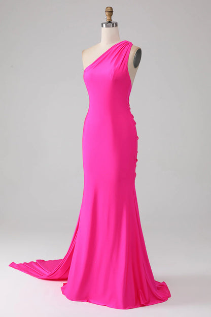 Amzcw Hot Pink Mermaid One Shoulder Long Prom Dress With Pleated prom dresses shops