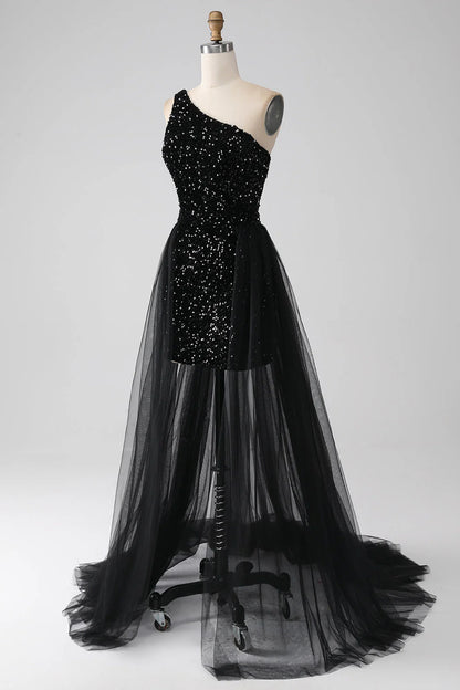 Amzcw Sparkly Black A-Line One Shoulder Sequins Long Prom Dress prom dresses shops