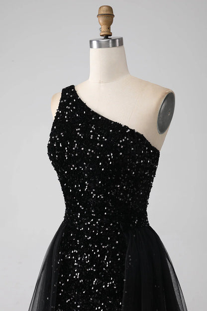 Amzcw Sparkly Black A-Line One Shoulder Sequins Long Prom Dress prom dresses shops