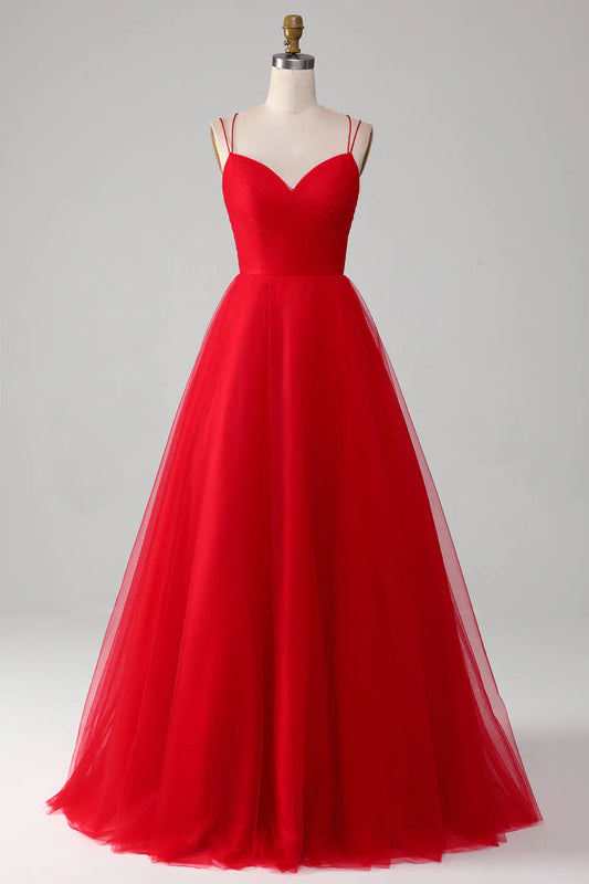 Amzcw Red Ball-Gown/Princess V-Neck Tulle Pleated Long Prom Dress prom clothing