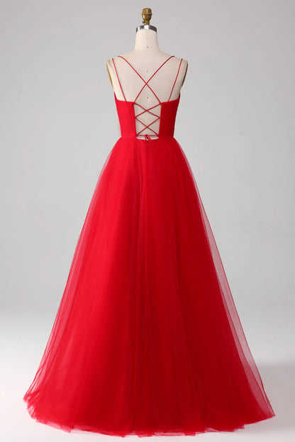 Amzcw Red Ball-Gown/Princess V-Neck Tulle Pleated Long Prom Dress prom clothing