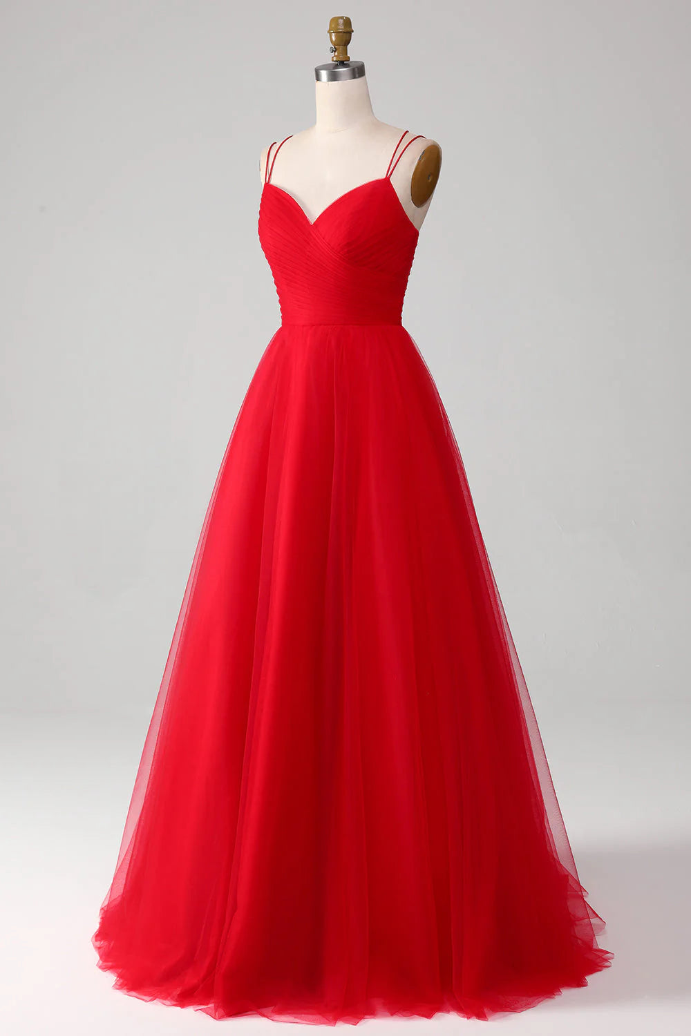 Amzcw Red Ball-Gown/Princess V-Neck Tulle Pleated Long Prom Dress prom clothing