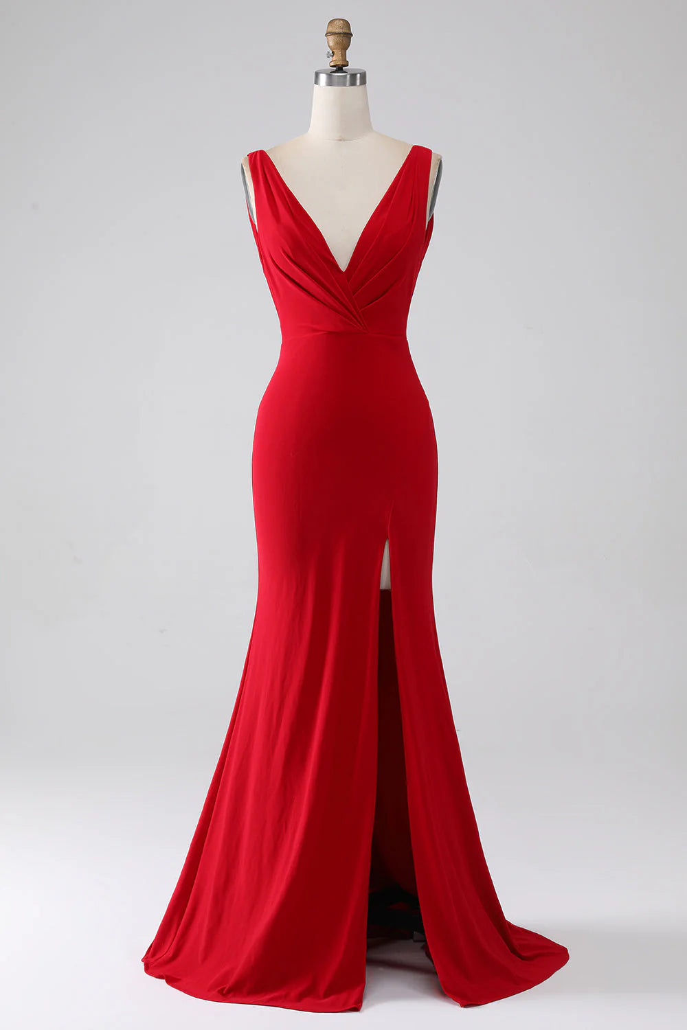 Amzcw Red Mermaid V-Neck Long Backless Prom Dress with Slit prom dresses with long sleeves