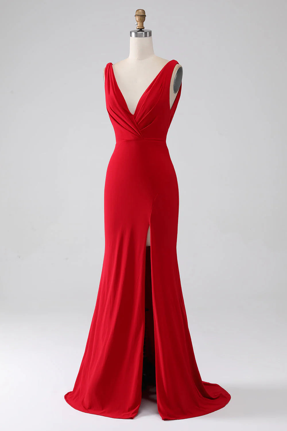 Amzcw Red Mermaid V-Neck Long Backless Prom Dress with Slit prom dresses with long sleeves