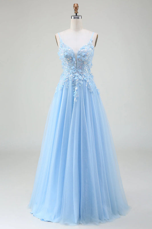 Amzcw Light Blue A-Line Spaghetti Straps Long Prom Dress with Appliques prom dresses shops