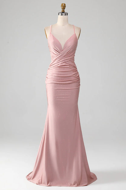 Amzcw Sparkly Blush Mermaid Spaghetti Straps Beaded Long Prom Dress