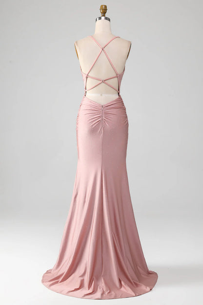 Amzcw Sparkly Blush Mermaid Spaghetti Straps Beaded Long Prom Dress