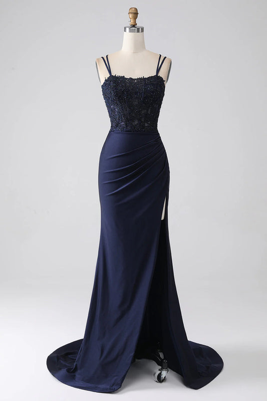 Amzcw Mermaid Beaded Navy Prom Dress with Ruffles