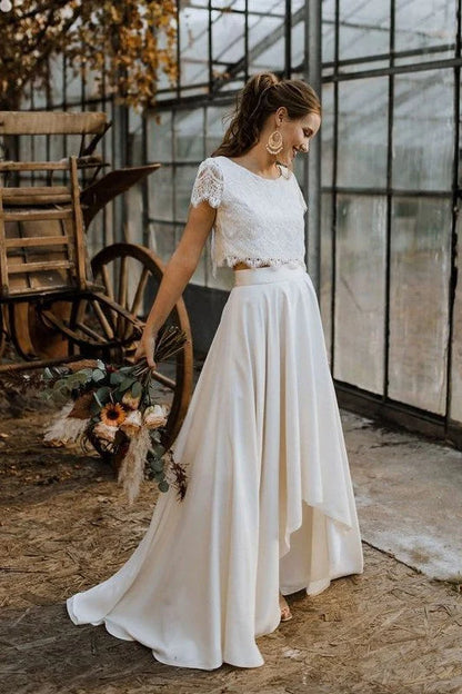 A Line Two Piece Scoop Chiffon Half Sleeve High Low Wedding Dresses